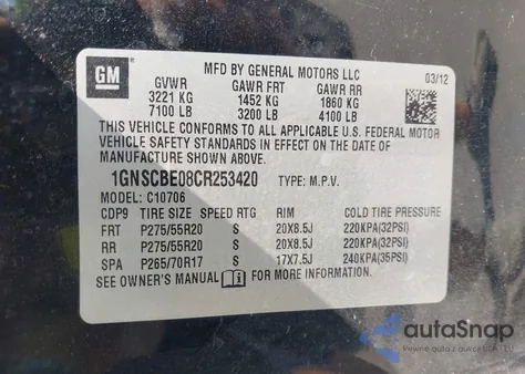 2012 Chevrolet Tahoe Lt из США, поврежденный, VIN 1GNSCBE08CR253420